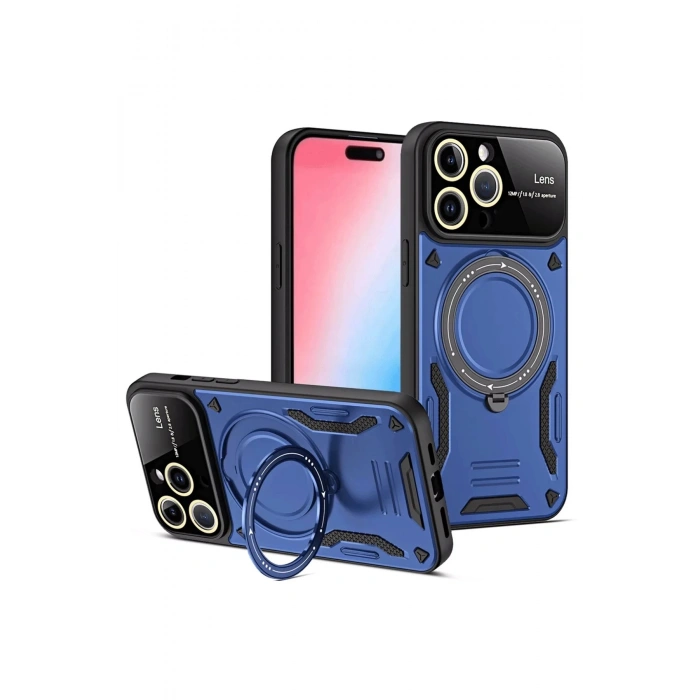 Newface iPhone 16 Pro Max Kılıf Joy Lens Standlı Kapak - Lacivert