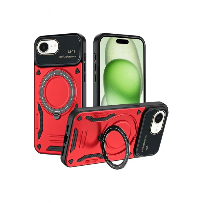 Newface iPhone 16E Kılıf Joy Lens Standlı Kapak - Kırmızı