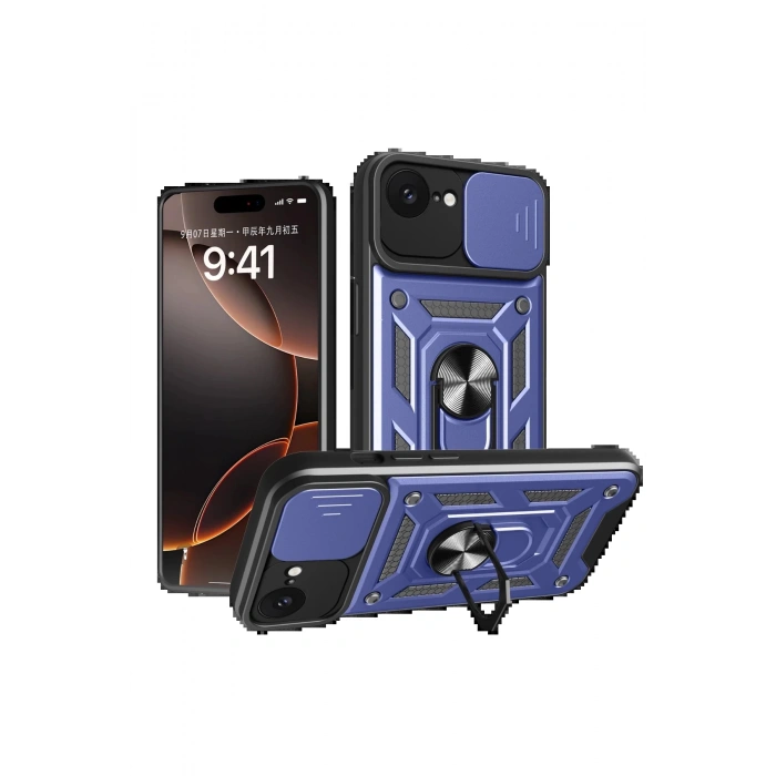 Newface iPhone 16E Kılıf Pars Lens Yüzüklü Silikon - Lacivert