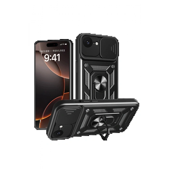 Newface iPhone 16E Kılıf Pars Lens Yüzüklü Silikon - Siyah