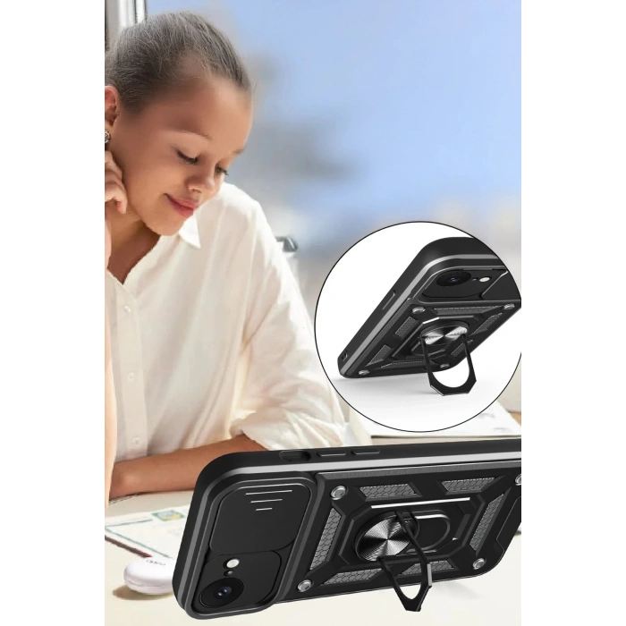 Newface iPhone 16E Kılıf Pars Lens Yüzüklü Silikon - Siyah