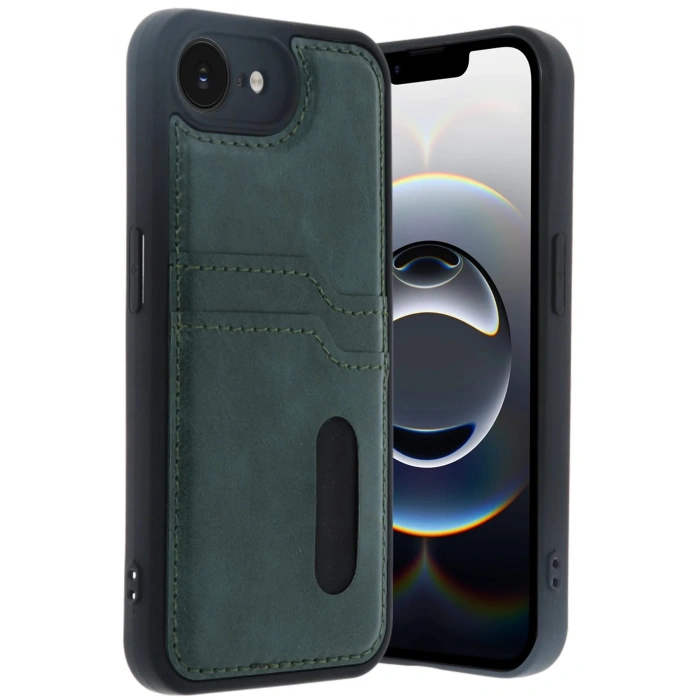 Newface iPhone 16E Kılıf Sara Kartvizitli Deri Kılıf - Koyu Yeşil