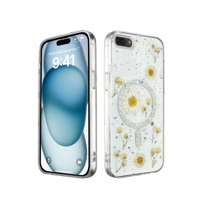 Newface iPhone 7 Kılıf Daisy Simli Magsafe Kapak - Gümüş