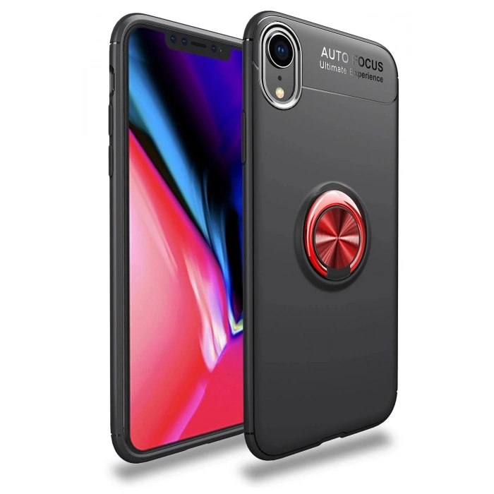 Newface iPhone XR Kılıf Range Yüzüklü Silikon - Siyah-Kırmızı