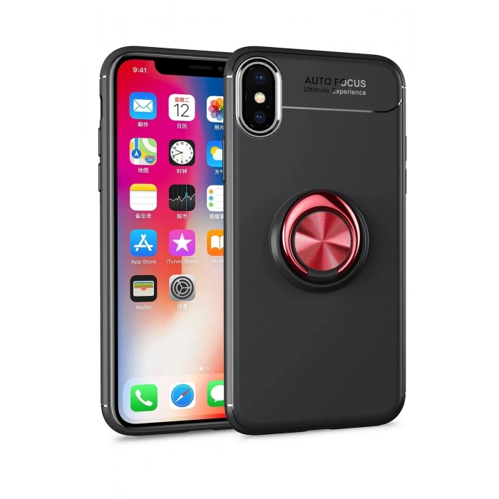 Newface iPhone XS Max Kılıf Range Yüzüklü Silikon - Siyah-Kırmızı