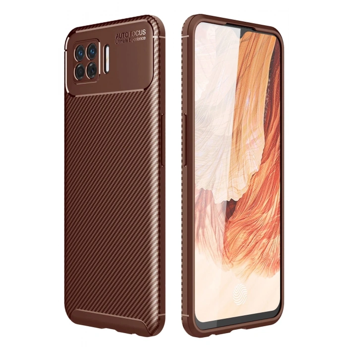 Newface Oppo A73 Kılıf Auto Focus Karbon Kapak - Kahverengi