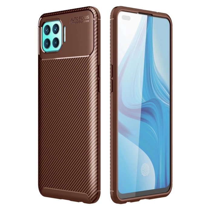 Newface Oppo Reno 4 Lite Kılıf Auto Focus Karbon Kapak - Kahverengi