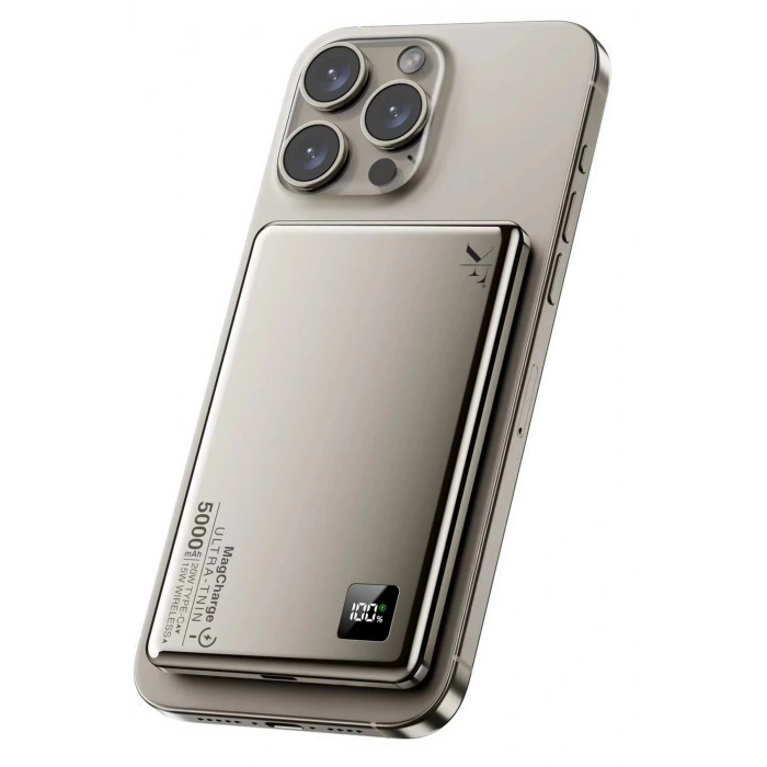 Newface PW555 5.000 mAh Dijital Göstergeli 18W Type-C ve 15W Kablosuz Şarj PD Hızlı Şarj Magsafe Powerbank - Titanyum