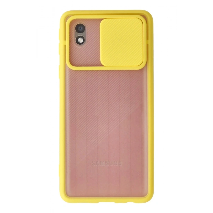 Newface Samsung Galaxy A01 Core Kılıf Palm Buzlu Kamera Sürgülü Silikon - Sarı