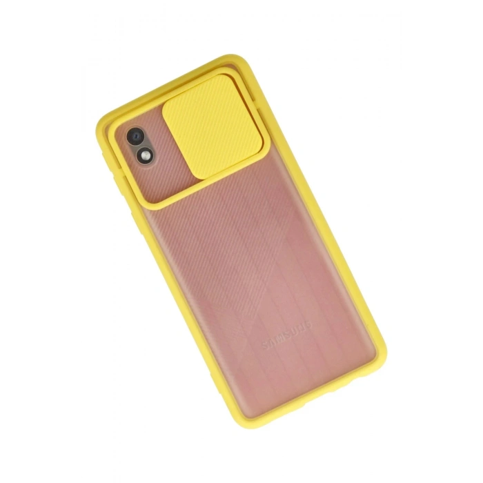 Newface Samsung Galaxy A01 Core Kılıf Palm Buzlu Kamera Sürgülü Silikon - Sarı
