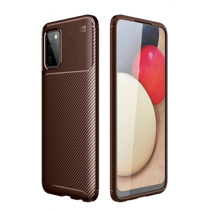 Newface Samsung Galaxy A02S Kılıf Auto Focus Karbon Kapak - Kahverengi