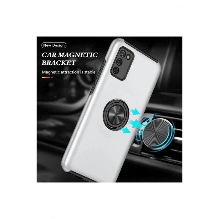 Newface Samsung Galaxy A02S Kılıf Elit Yüzüklü Kapak - Gümüş