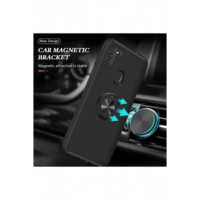 Newface Samsung Galaxy A11 Kılıf Elit Yüzüklü Kapak - Siyah