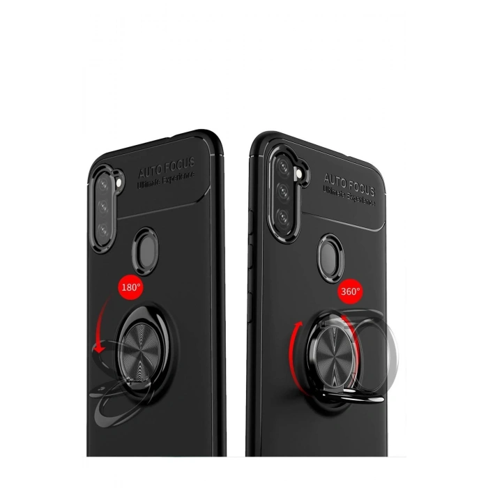 Newface Samsung Galaxy A11 Kılıf Range Yüzüklü Silikon - Siyah-Kırmızı