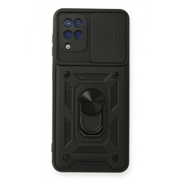 Newface Samsung Galaxy A12 Kılıf Pars Lens Yüzüklü Silikon - Siyah