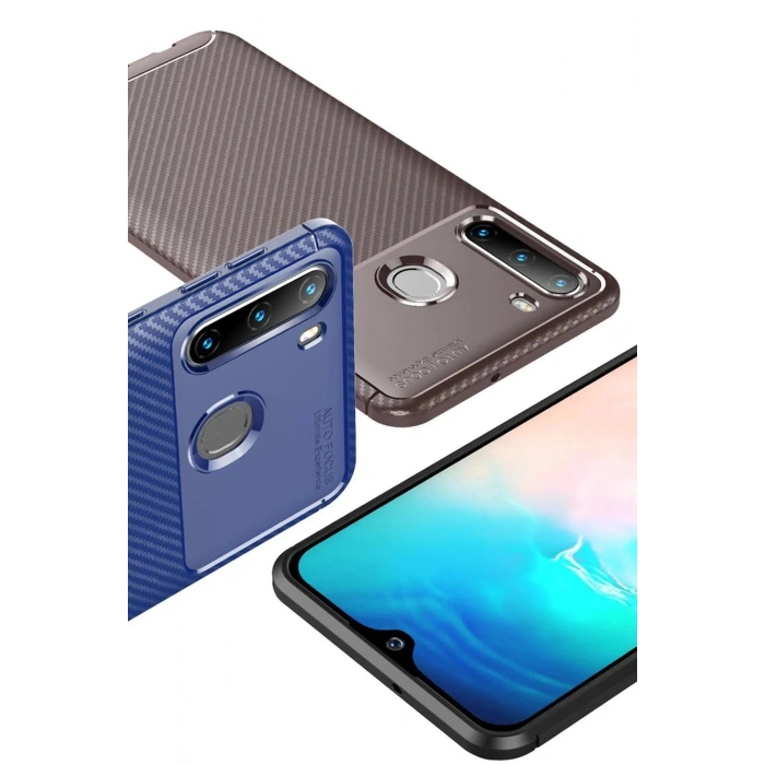 Newface Samsung Galaxy A21 Kılıf Auto Focus Karbon Kapak - Kahverengi