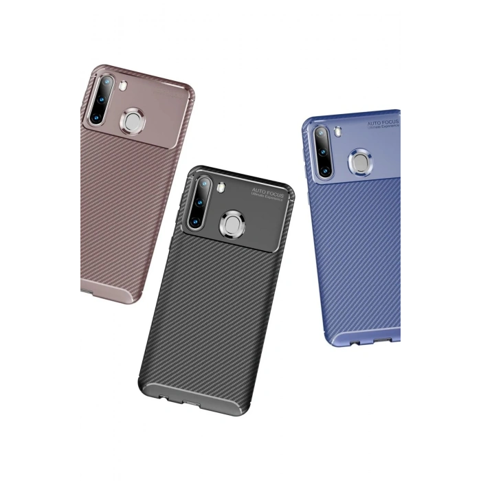Newface Samsung Galaxy A21 Kılıf Auto Focus Karbon Kapak - Kahverengi