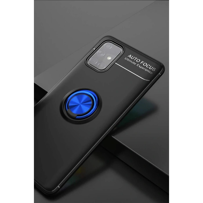 Newface Samsung Galaxy A71 Kılıf Range Yüzüklü Silikon - Siyah-Mavi