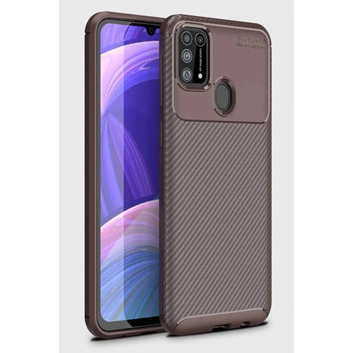 Newface Samsung Galaxy M31 Kılıf Auto Focus Karbon Kapak - Kahverengi