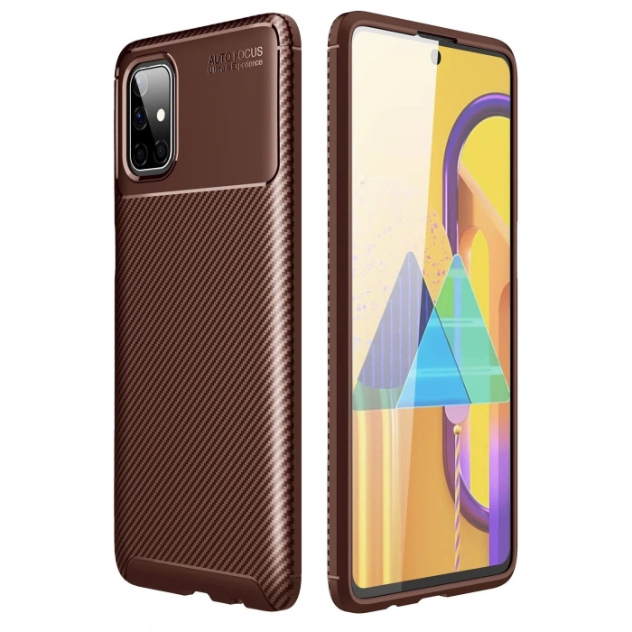 Newface Samsung Galaxy M51 Kılıf Auto Focus Karbon Kapak - Kahverengi