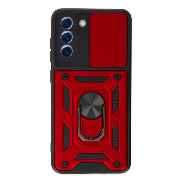 Newface Samsung Galaxy S21 FE Kılıf Pars Lens Yüzüklü Silikon - Kırmızı