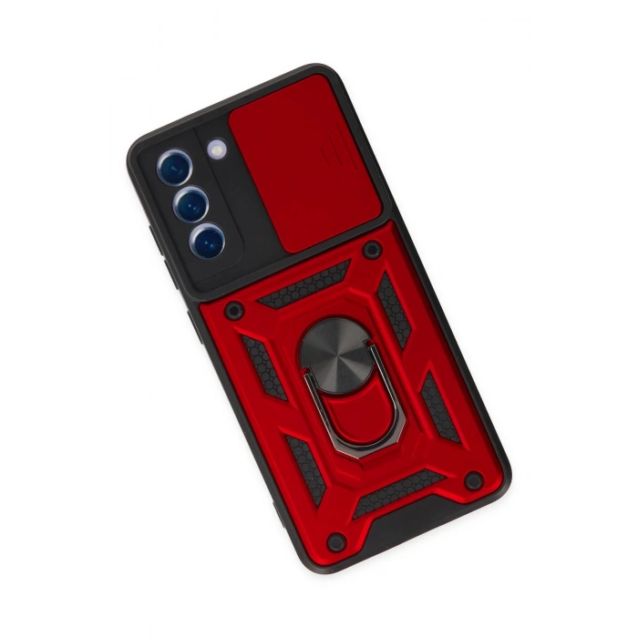 Newface Samsung Galaxy S21 FE Kılıf Pars Lens Yüzüklü Silikon - Kırmızı