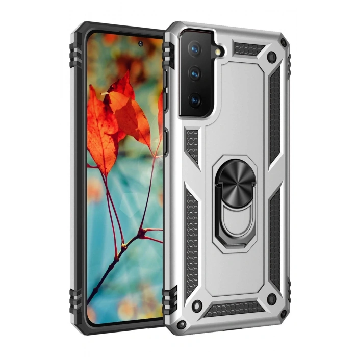 Newface Samsung Galaxy S21 Plus Kılıf Sofya Yüzüklü Silikon Kapak - Gümüş