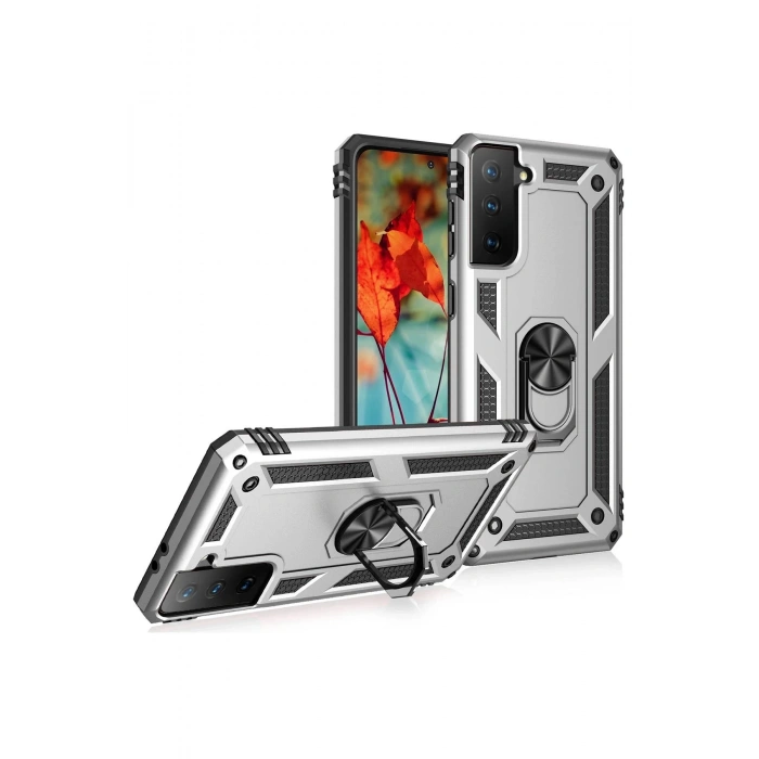 Newface Samsung Galaxy S21 Plus Kılıf Sofya Yüzüklü Silikon Kapak - Gümüş