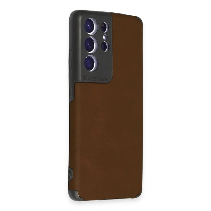 Newface Samsung Galaxy S21 Ultra Kılıf Loop Deri Silikon - Kahverengi