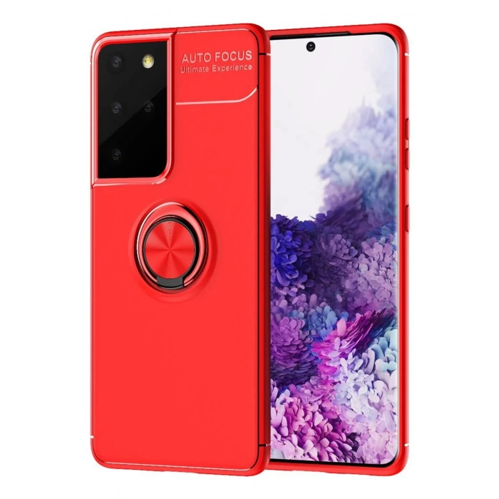 Newface Samsung Galaxy S21 Ultra Kılıf Range Yüzüklü Silikon - Kırmızı