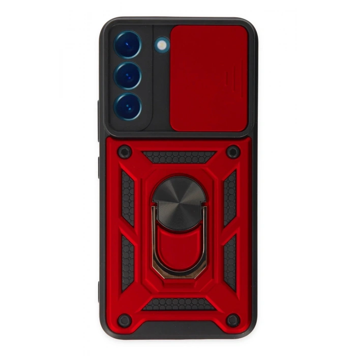 Newface Samsung Galaxy S22 Kılıf Pars Lens Yüzüklü Silikon - Kırmızı