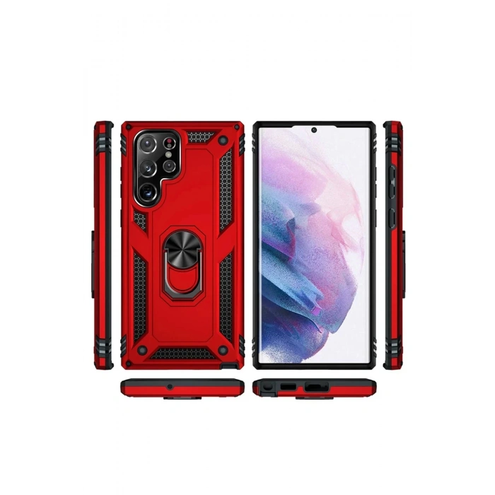 Newface Samsung Galaxy S22 Ultra Kılıf Sofya Yüzüklü Silikon Kapak - Kırmızı