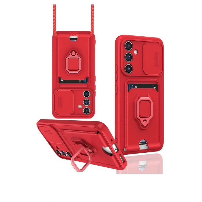 Newface Samsung Galaxy S23 FE Kılıf Zuma Kartvizitli Yüzüklü Silikon - Kırmızı