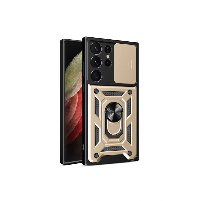 Newface Samsung Galaxy S23 Ultra Kılıf Pars Lens Yüzüklü Silikon - Gold