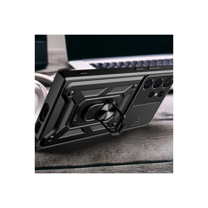 Newface Samsung Galaxy S23 Ultra Kılıf Pars Lens Yüzüklü Silikon - Gold