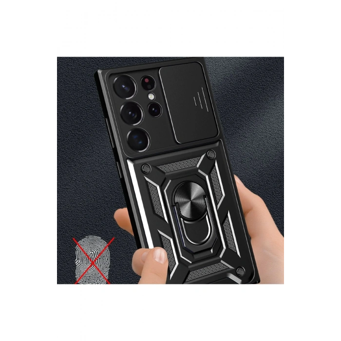 Newface Samsung Galaxy S23 Ultra Kılıf Pars Lens Yüzüklü Silikon - Kırmızı