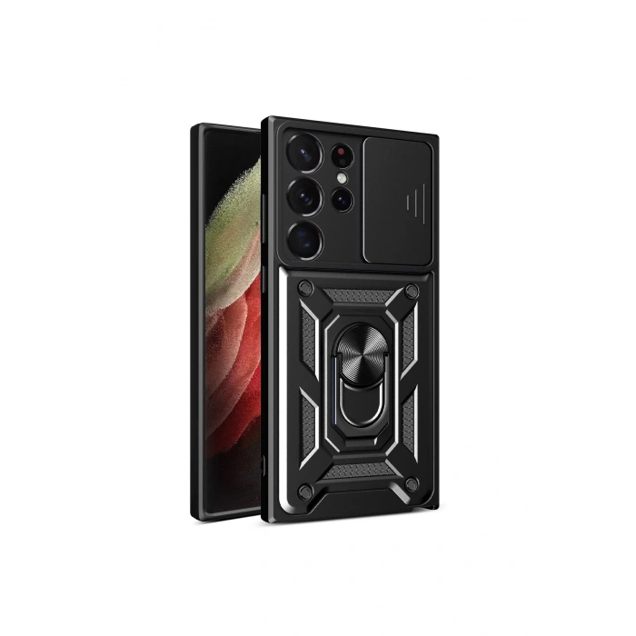 Newface Samsung Galaxy S23 Ultra Kılıf Pars Lens Yüzüklü Silikon - Siyah