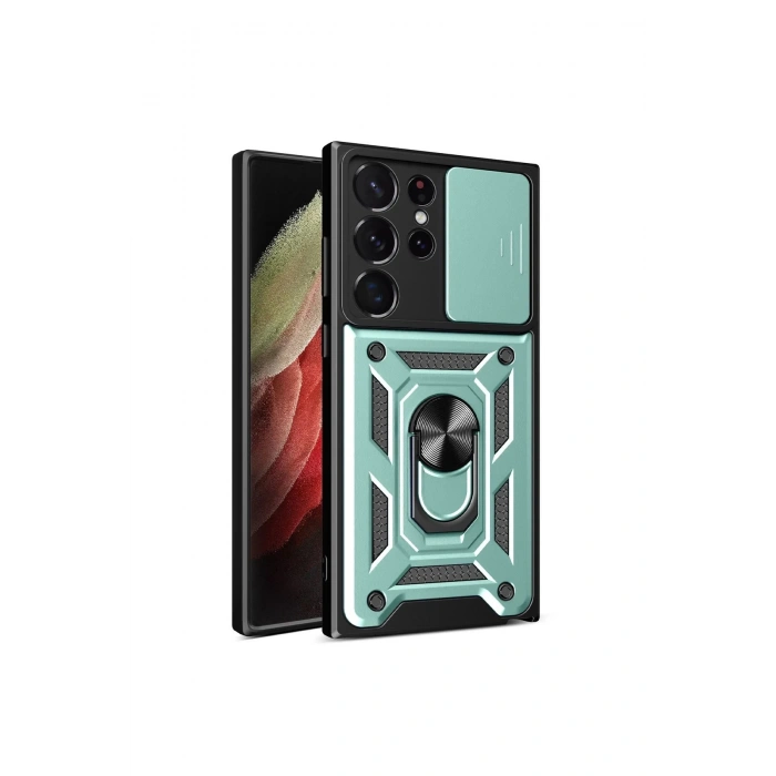 Newface Samsung Galaxy S23 Ultra Kılıf Pars Lens Yüzüklü Silikon - Yeşil