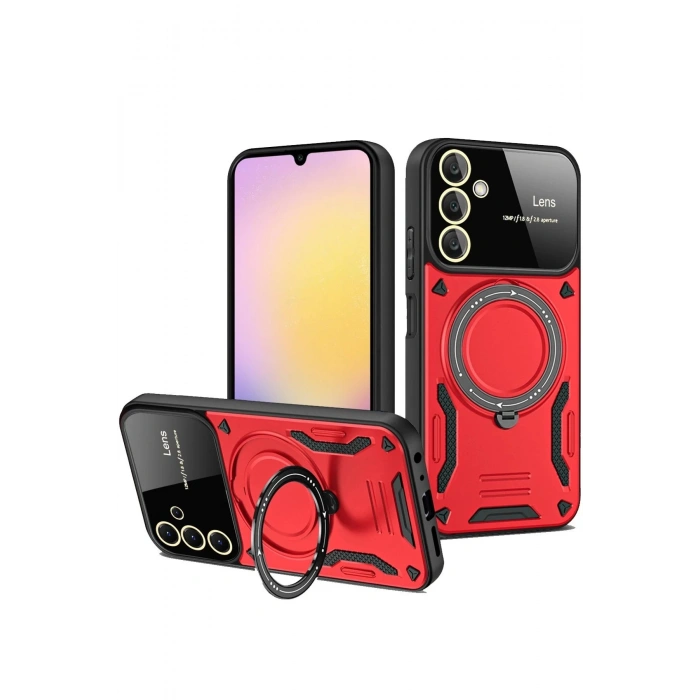 Newface Samsung Galaxy S25 FE Kılıf Joy Lens Standlı Kapak - Kırmızı