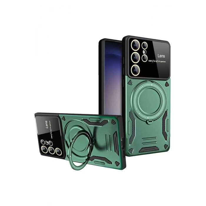 Newface Samsung Galaxy S25 Ultra Kılıf Joy Lens Standlı Kapak - Koyu Yeşil