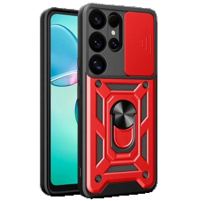 Newface Samsung Galaxy S25 Ultra Kılıf Pars Lens Yüzüklü Silikon - Kırmızı