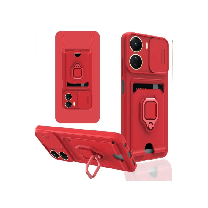 Newface Vivo Y16 Kılıf Zuma Kartvizitli Yüzüklü Silikon - Kırmızı