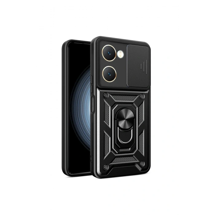 Newface Vivo Y18 Kılıf Pars Lens Yüzüklü Silikon - Siyah