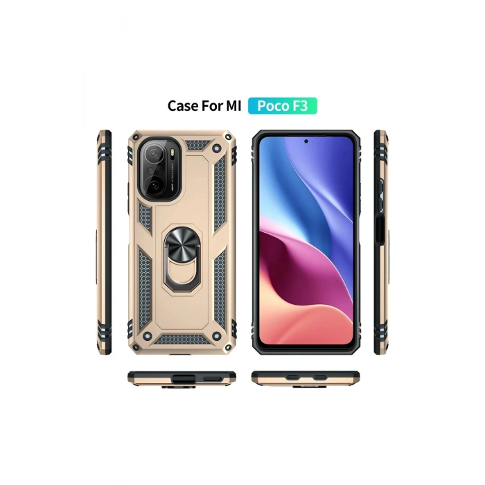 Newface Xiaomi Poco F3 Kılıf Sofya Yüzüklü Silikon Kapak - Gold