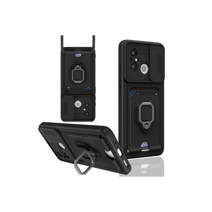 Newface Xiaomi Redmi 12C Kılıf Zuma Kartvizitli Yüzüklü Silikon - Siyah