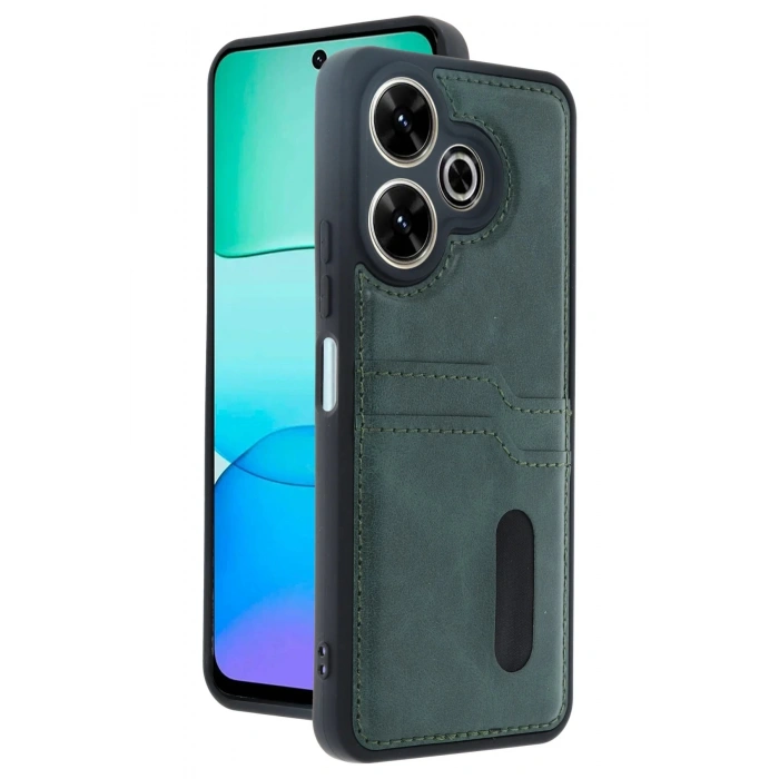 Newface Xiaomi Redmi 13 4G Kılıf Sara Kartvizitli Deri Kılıf - Koyu Yeşil
