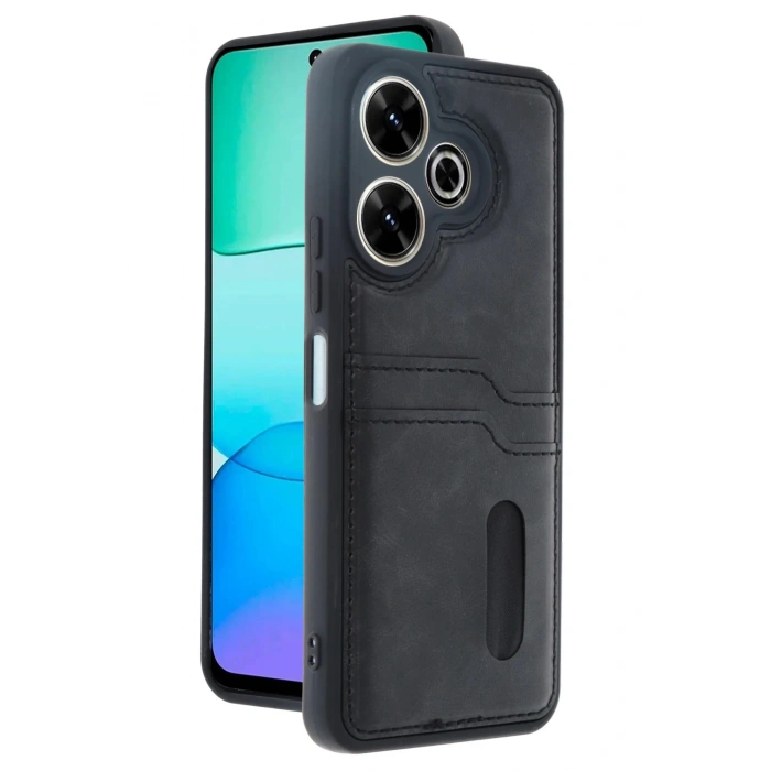 Newface Xiaomi Redmi 13 4G Kılıf Sara Kartvizitli Deri Kılıf - Siyah