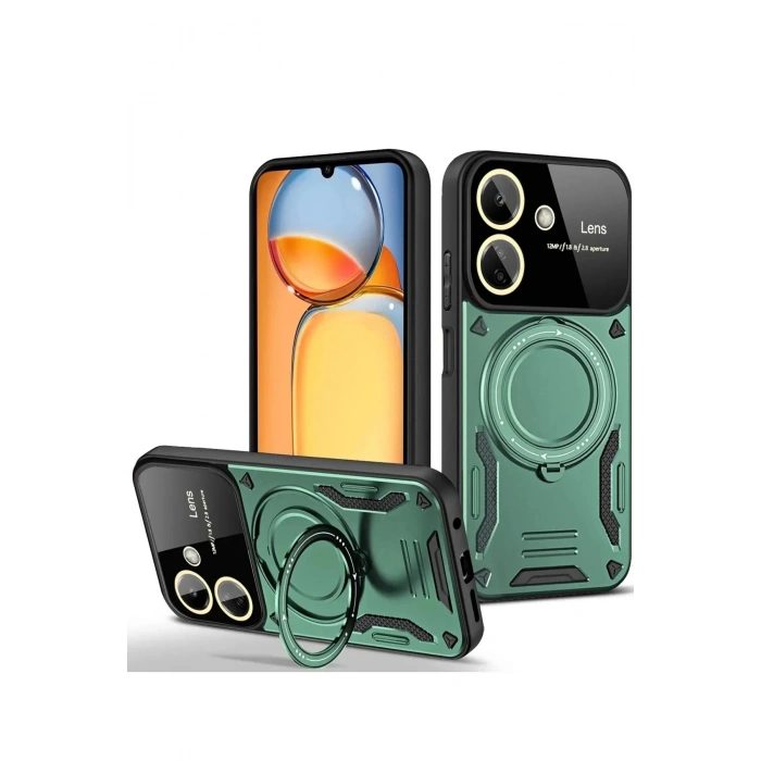 Newface Xiaomi Redmi 13C Kılıf Joy Lens Standlı Kapak - Koyu Yeşil