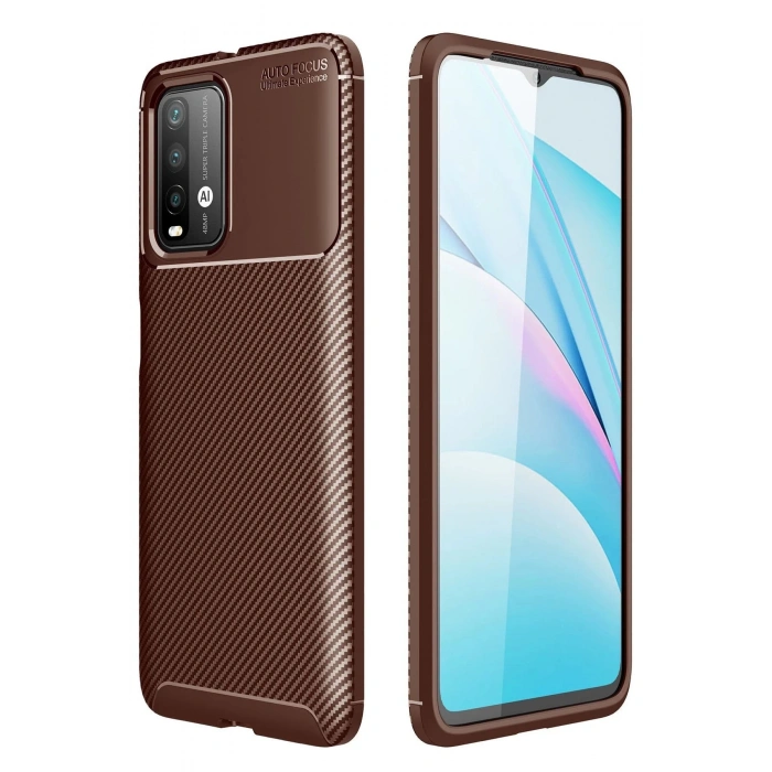 Newface Xiaomi Redmi 9T Kılıf Auto Focus Karbon Kapak - Kahverengi