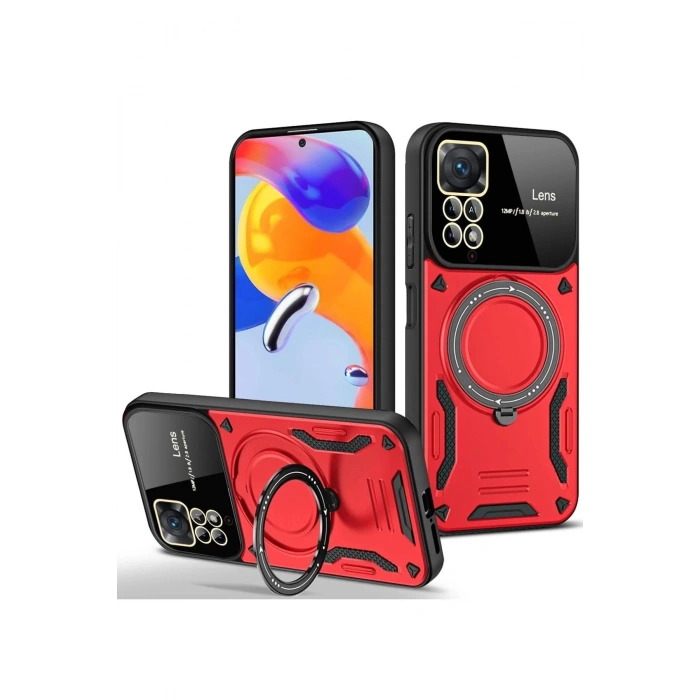 Newface Xiaomi Redmi Note 11 Pro Kılıf Joy Lens Standlı Kapak - Kırmızı